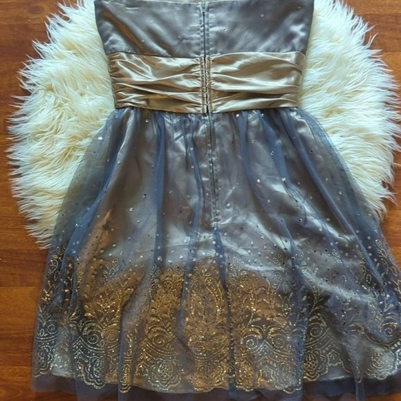 Masquerade Strapless Gold Formal Mini Dress with Lace Shrug/ size 1/2 - Picture 6 of 10